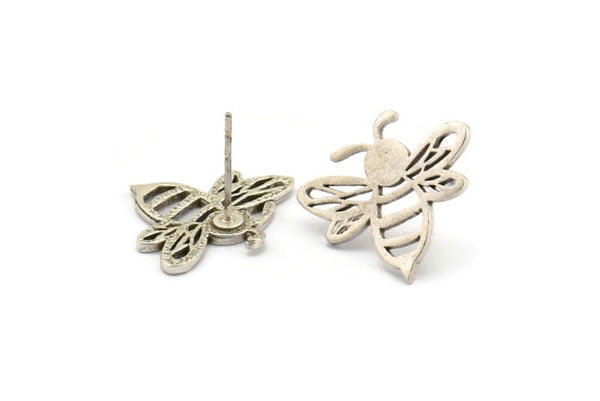 Silver Bee Earring, 4 Antique Silver Plated Brass Bee Stud Earrings (20x17x1.2mm) N1368