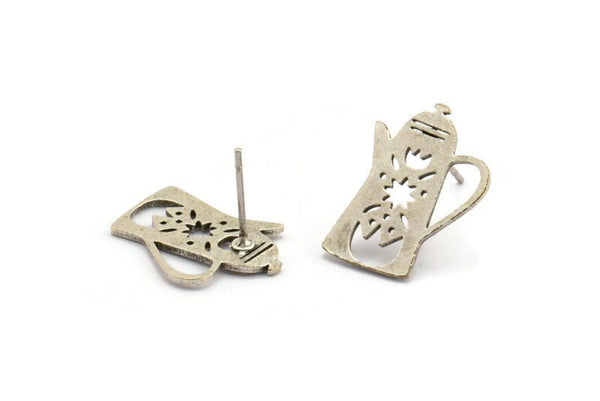 Earring Studs, 8 Antique Silver Plated Brass Kettle Shaped Stud Earrings (18x13x0.80mm) A2668 H0351
