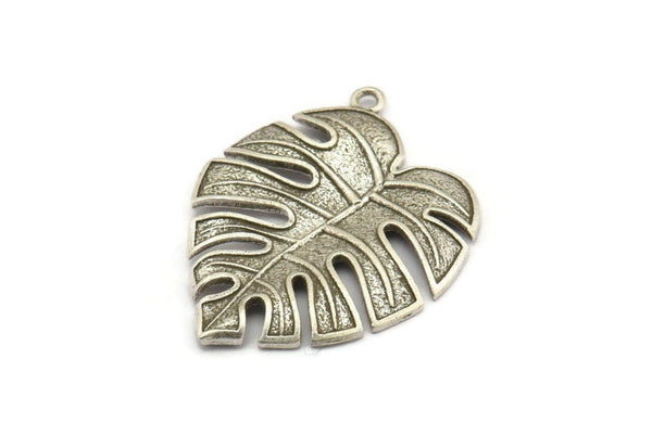 Silver Leaf Charm, Antique Silver Plated Brass Monstera Charms With 1 Loop, Monstera Leaf Pendant (38x29x2.5mm) N0746