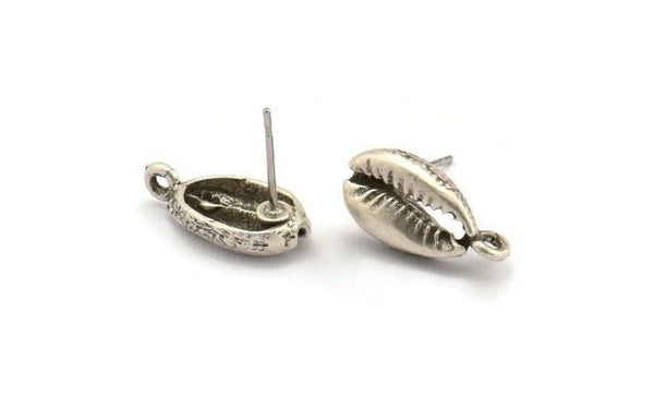 Silver Shell Earring, 4 Antique Silver Plated Brass Cowrie Shell Stud Earrings With 1 Loop, Findings (16x9mm) N0909 H0523
