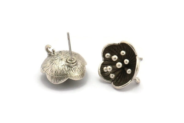 Silver Flower Earring, 2 Antique Silver Plated Brass Flower Stud Earrings With 1 Loop (16mm) N1215