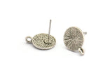 Silver Earring Posts, 4 Antique Silver Plated Brass Round Earring Stud, Earring Charms With 1 Loop (10mm) N0793