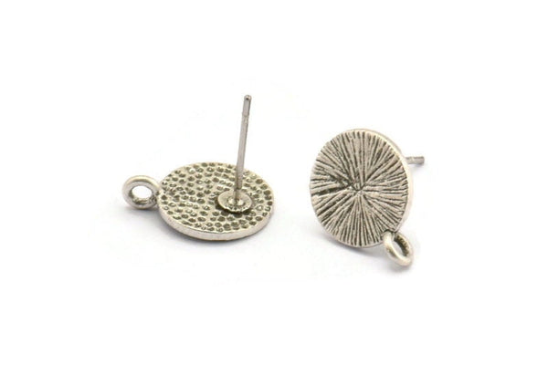 Silver Earring Posts, 4 Antique Silver Plated Brass Round Earring Stud, Earring Charms With 1 Loop (10mm) N0793
