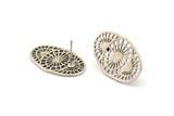 Gümüş Oval Küpe, 2 Antik Gümüş Kaplama Pirinç Oval Küpe (26x16x1mm) N1134