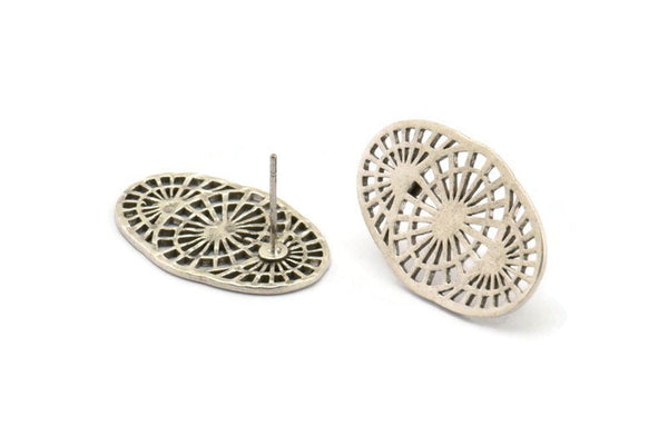 Gümüş Oval Küpe, 2 Antik Gümüş Kaplama Pirinç Oval Küpe (26x16x1mm) N1134