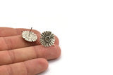 Silver Flower Earring, 2 Antique Silver Plated Brass Flower Stud Earrings (17x1mm) N1171