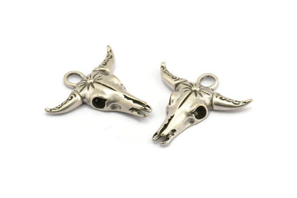 Ox Skull Pendant, Antique Silver Plated Brass Ox Head Skull Charms With 1 Loop, Pendants (30x31mm) N1210