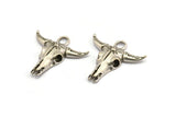 Ox Skull Pendant, Antique Silver Plated Brass Ox Head Skull Charms With 1 Loop, Pendants (30x31mm) N1210