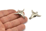Ox Skull Pendant, Antique Silver Plated Brass Ox Head Skull Charms With 1 Loop, Pendants (30x31mm) N1210