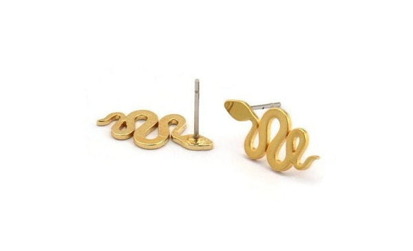 Gold Snake Earring, 8 Gold Plated Brass Snake Stud Earrings (18x8x0.80mm) A2657 Q0426
