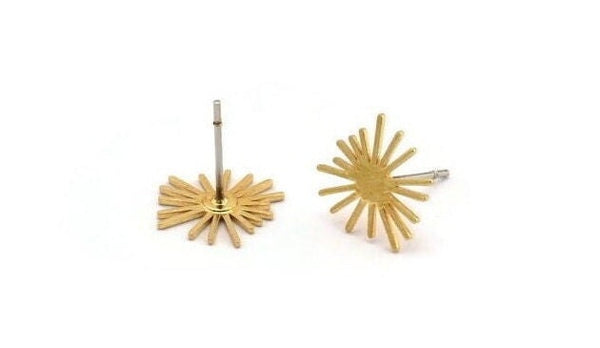 Gold Sun Earring, 12 Gold Plated Brass Sun Shaped Stud Earrings (11x12x0.60mm) A2958
