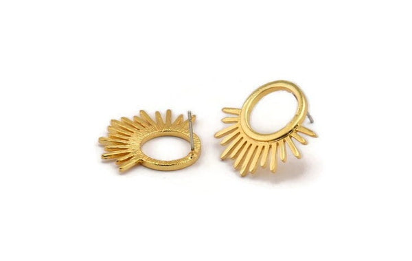 Gold Sun Earring, 2 Gold Plated Brass Sunshine Stud Earrings (25x23x1.5mm) N1331