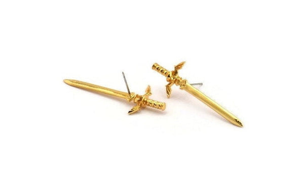 Zelda Sword Earring, 2 Gold Plated Brass Sword Stud Earrings (45x15mm) N0800 A2145