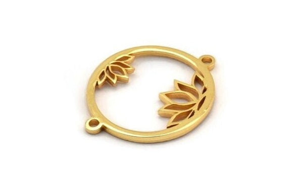 Gold Flower Charm, 2 Gold Plated Brass Lotus Flower Connectors With 2 Loops, Pendants, Findings (28x22x1.5mm) N1377 H0957