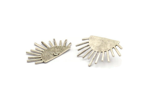 Silver Sun Earring, 2 Antique Silver Plated Brass Sunshine Stud Earrings (39x23x1mm) N0956