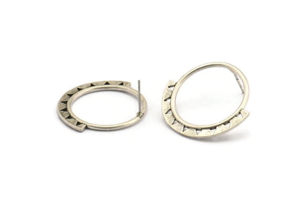 Silver Circle Earring, 2 Antique Silver Plated Brass Circle Stud Earrings (30x27x1.5mm) N1254