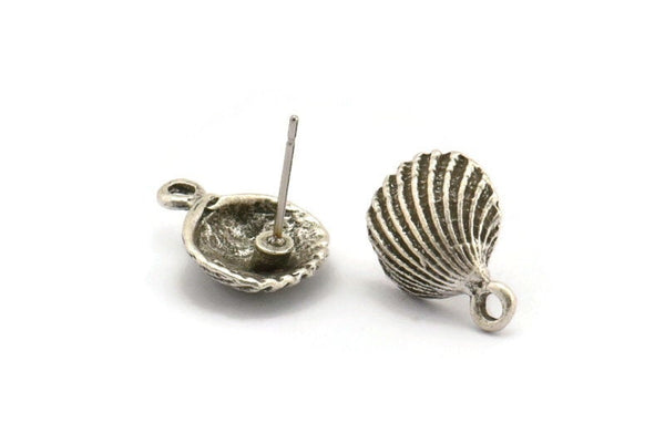 Silver Shell Earring, 2 Antique Silver Plated Brass Sea Shell Stud Earrings With 1 Loop (16x12mm) N0941