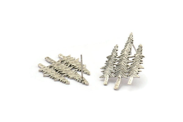 Silver Tree Earring, 2 Antique Silver Plated Brass Tree Stud Earrings (28x21x1mm) N1088