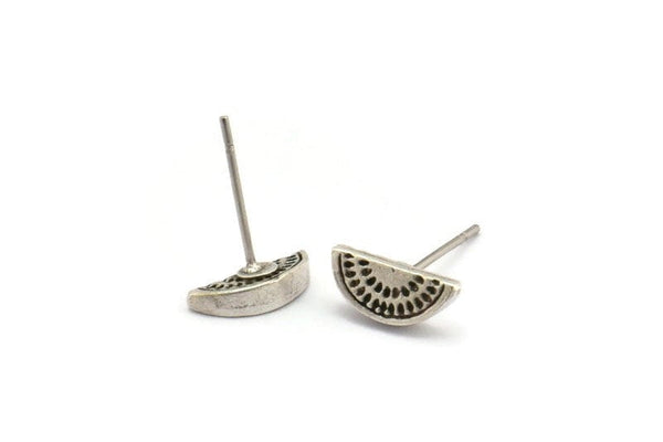 Silver Watermelon Earring, 6 Antique Silver Plated Brass Watermelon Slice Stud Earrings (10x4mm) N0914