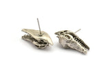 Silver Crocodile Earring, 2 Antique Silver Plated Brass Crocodile Stud Earrings (27x10mm) N0961