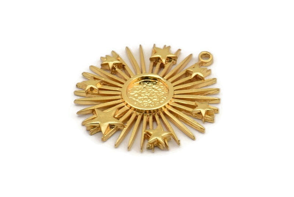 Gold Sun Charm, Gold Plated Brass Sun And Star With 1 Loop, Pendant - Pad Size 8mm (31x29mm) N1350