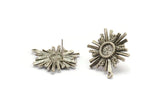 Silver Sun Earring, 2 Antique Silver Plated Brass Sunshine Stud Earrings with 6mm Stone pad, with 1 Loop (29x22mm) N0857