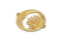 Moon and Sun, 2 Gold Plated Brass Moon, Brass Sun, Gold Plated Brass Pendant, Gold Plated Brass Connectors With 2 Loops (24x20x1.2mm) N1378
