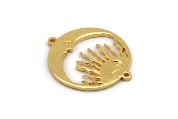 Moon and Sun, 2 Gold Plated Brass Moon, Brass Sun, Gold Plated Brass Pendant, Gold Plated Brass Connectors With 2 Loops (24x20x1.2mm) N1378