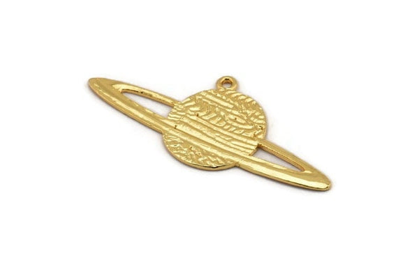 Gold Planet Charm, Gold Plated Brass Planet Charm With 1 Loop, Earring, Pendant, Finding (55x24x1.2mm) N1070