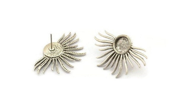 Silver Sun Earring, 2 Antique Silver Plated Brass Sunshine Stud Earrings - Pad Size 8mm N0802