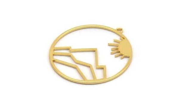 Gold Sun Charm, 2 Gold Plated Brass Sun Charms With 1 Loop, Mountain Charms (37x35x1mm) A3050 H0995