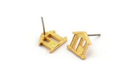 Gold Home Earring, 4 Gold Plated Brass House Stud Earrings (11mm) N1362