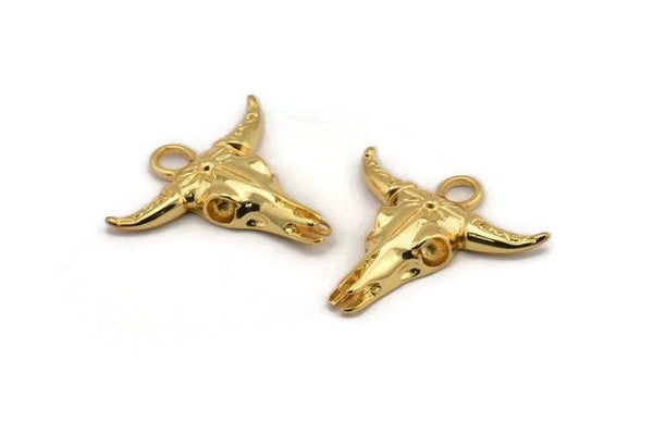 Ox Skull Pendant, Gold Plated Brass Ox Head Skull Charm With 1 Loop, Pendant (30x31mm) N1210