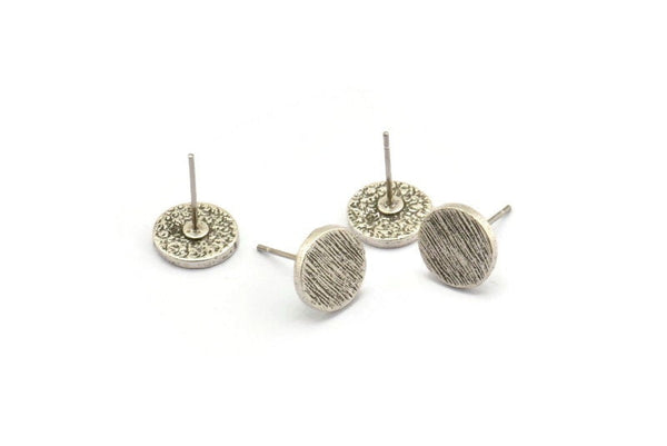 Silver Round Earring, 4 Antique Silver Plated Brass Round Stud Earrings (10x1.5mm) N1537