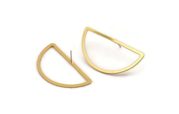 Gold Half Moon Earring, 2 Gold Plated Brass Semi Circle Stud Earrings (23x45x2x1mm) D1493 A1457