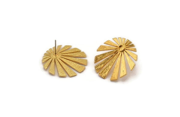 Gold Sun Earring, 2 Gold Plated Brass Rising Sun Flag Stud Earrings - Pad Size 3mm (29x28x1.2mm) N1425