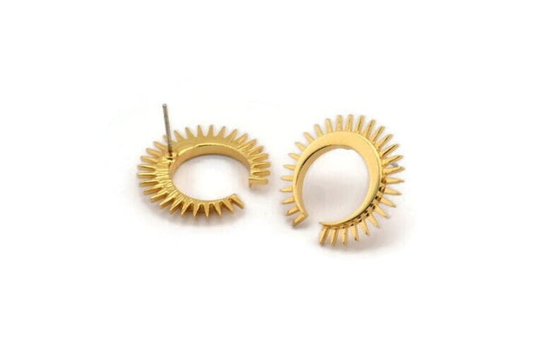 Gold Moon Earring, 2 Gold Plated Brass Crescent Moon Stud Earrings (21x2.5mm) N1433