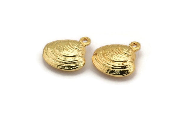 Gold Shell Charm, 2 Gold Plated Brass Shell Charms With 1 Loop, Earrings, Findings (14x9mm) N1047
