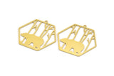 Brass Hexagon Charm, 4 Raw Brass Bear Patterned Hexagon Shaped Charms With 1 Loop, Earring Findings, Geometric Charms (37x39x0.60mm) A5012