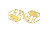 Brass Hexagon Charm, 4 Raw Brass Bear Patterned Hexagon Shaped Charms With 1 Loop, Earring Findings, Geometric Charms (37x39x0.60mm) A5012
