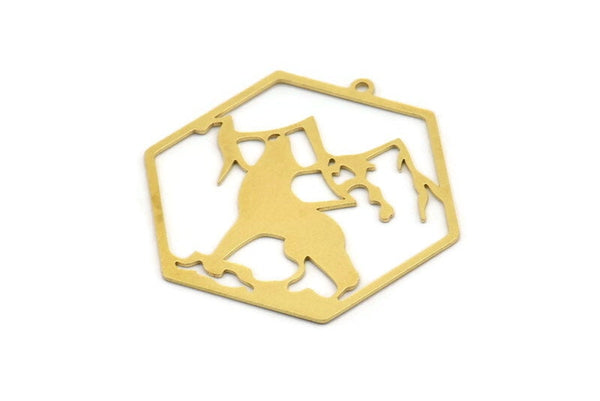 Brass Hexagon Charm, 4 Raw Brass Wolf Patterned Hexagon Shaped Charms With 1 Loop, Earring Findings, Geometric Charms (37x40x0.60mm) A4845