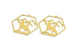 Brass Hexagon Charm, 4 Raw Brass Wolf Patterned Hexagon Shaped Charms With 1 Loop, Earring Findings, Geometric Charms (37x40x0.60mm) A4845