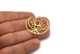 Brass Lotus Charm, 6 Raw Brass Lotus Flower And Crescent Moon Patterned Charms With 1 Loop, Findings (34x33x0.60mm) A5133