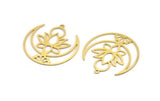 Brass Lotus Charm, 6 Raw Brass Lotus Flower And Crescent Moon Patterned Charms With 1 Loop, Findings (34x33x0.60mm) A5133