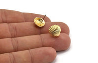 Gold Shell Earring, 2 Gold Plated Brass Sea Shell Stud Earrings (12mm) N0942