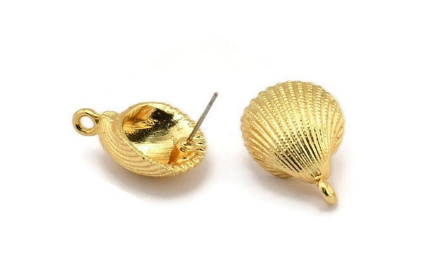 Gold Shell Earring, 2 Gold Plated Brass Sea Shell Stud Earrings With 1 Loop, Findings (22x16mm) N0943