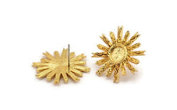 Gold Sun Earring, 2 Gold Plated Brass Sunshine Stud Earrings with 6mm Stone pad (23mm) N0859