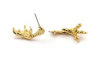Gold Paw Earring, 2 Gold Plated Brass Bird Paw Stud Earrings (33x15mm) N1078