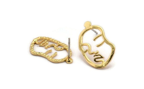 Gold Face Earring, 4 Gold Plated Brass Face Stud Earrings (21x13x1mm) N1107 H1085
