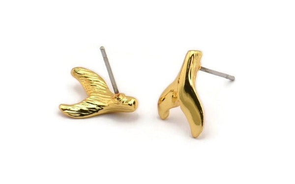Gold Fish Tail Earring, 4 Gold Plated Brass Fish Tail Stud Earrings (12x10mm) N1083